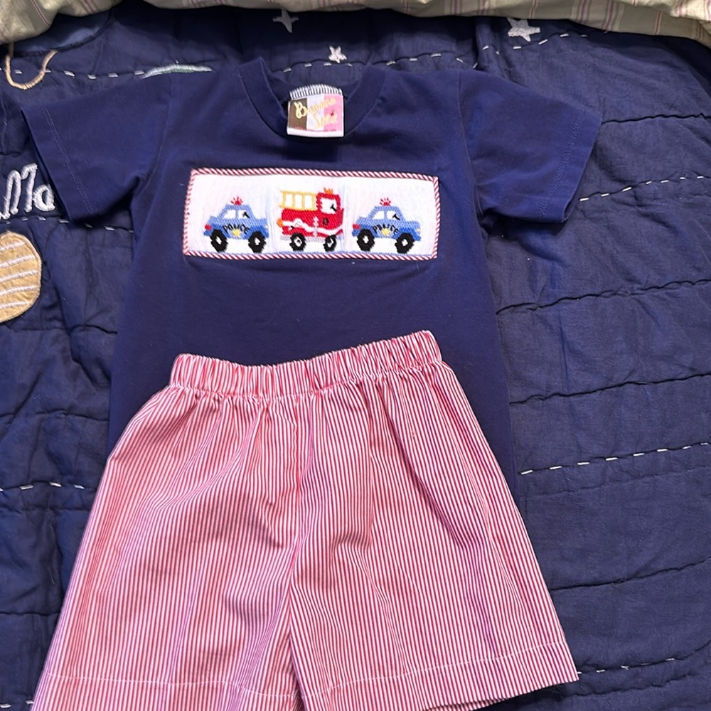 Banana Split brand, Boys 2 piece smocked Firetruck and Police car set
